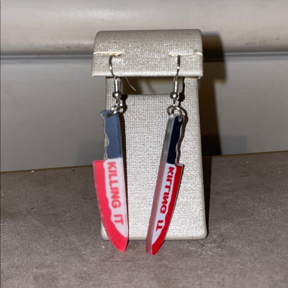 Halloween, gothic earrings, knife, spooky, creepy fall. Knives with “killin it”